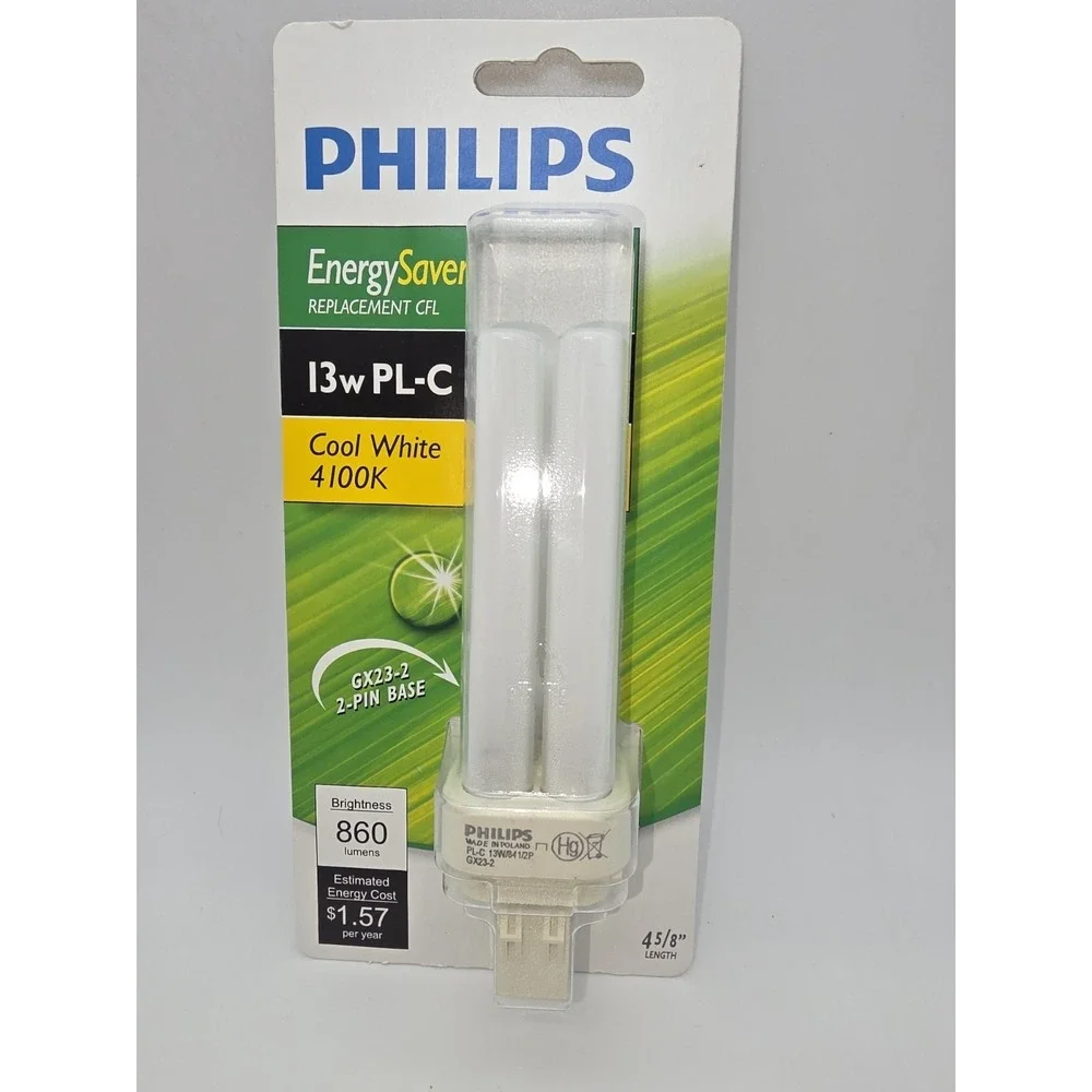 Philips Energy Saver Replacement CFL 13w PL-C GX23-2 PinBase 860 Lumens 4 5/8
